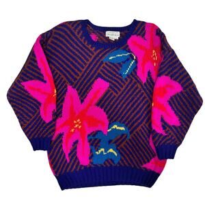 Sak's Fifth Ave Flower Sweater Wool 1990's Size M